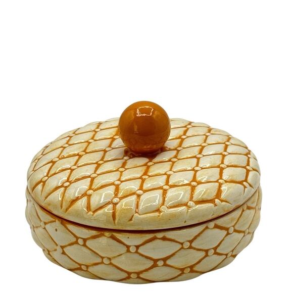 Vtg Hobbiest Arnels Quilted Tufted Lidded Trinket Dish Marigold Yellow Cream 6.5 - Picture 1 of 14